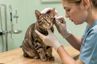 Vétérinaire examinant l'œil d'un chat tabby sur une table d'examen en bois dans une clinique vétérinaire
