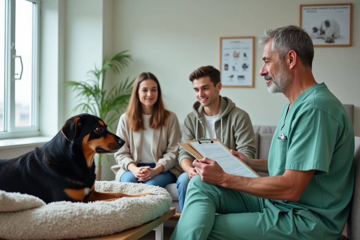Vétérinaire explique un document à un jeune couple avec chien