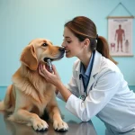 Vétérinaire examinant un golden retriever dans une clinique vétérinaire moderne, illustrant l'actualité animale fiable