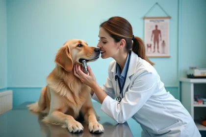 Vétérinaire examinant un golden retriever dans une clinique vétérinaire moderne, illustrant l'actualité animale fiable