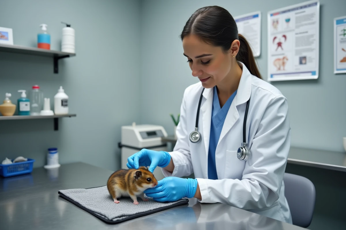 Vétérinaire NAC examinant un hamster nain gestant sur une table de consultation, conseils professionnels sur la période de gestation du hamster