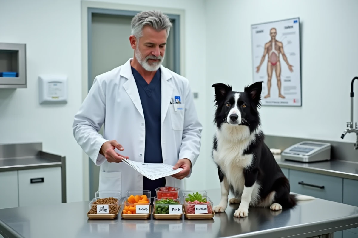 Vétérinaire expliquant un plan nutritionnel adapté à un Border Collie en consultation