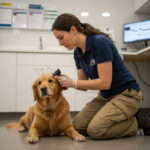 Jeune femme examine l'oreille d'un chien dans une clinique