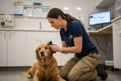 Jeune femme examine l'oreille d'un chien dans une clinique