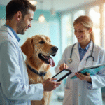 Vétérinaire utilisant une tablette pour un chien golden retriever