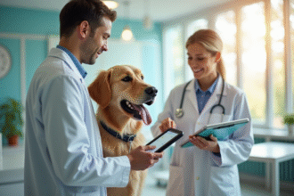 Vétérinaire utilisant une tablette pour un chien golden retriever