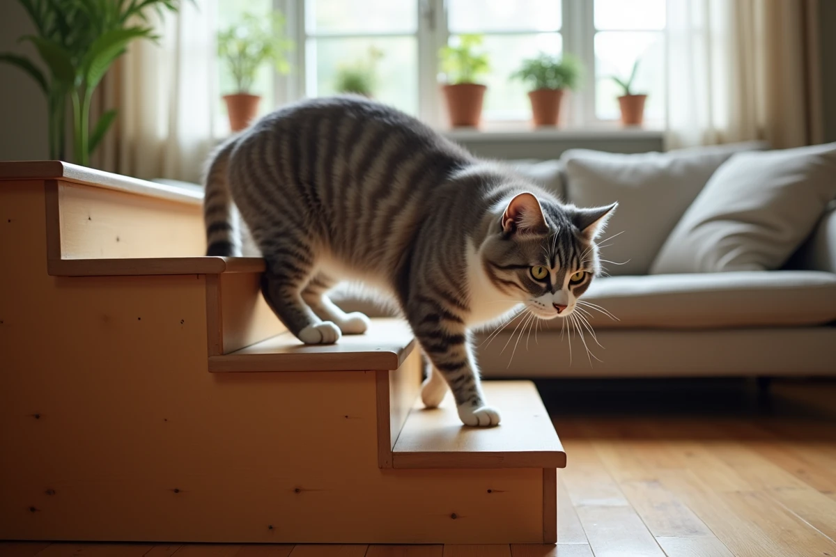 Vieux chat gris et blanc descendant prudemment des marches à cause de douleurs articulaires liées à l'arthrose