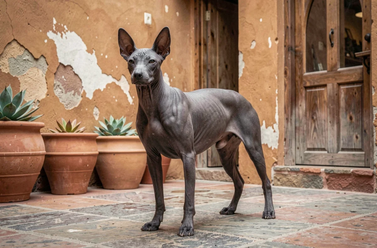 Chien Xoloitzcuintli sans poils debout dans une cour rustique de style mexicain aux murs en argile ocre