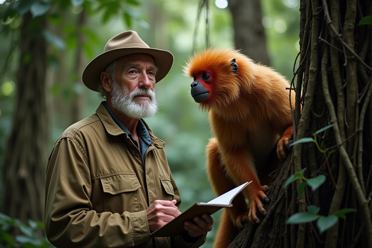 Zoologiste avec un uakari dans la forêt amazonienne